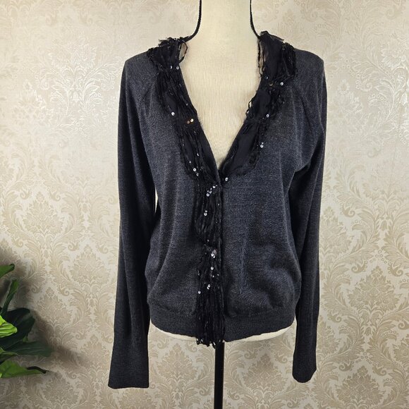 J Crew Size XL Gray Black Merino Wool Cardigan Silk Sequins Embellishment NWT - Picture 1 of 16
